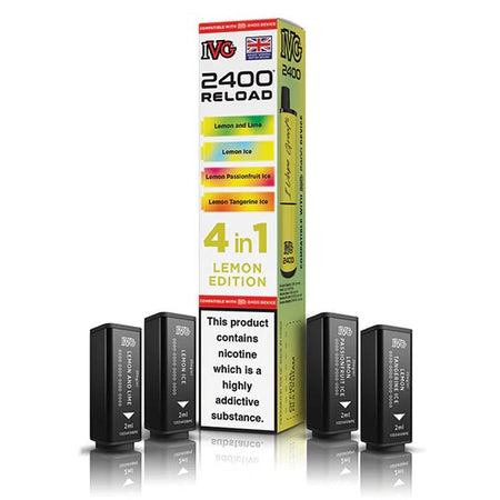 IVG 2400 4-in-1 Reload Pods lemon edition with packaging on a white background - uk vape sales