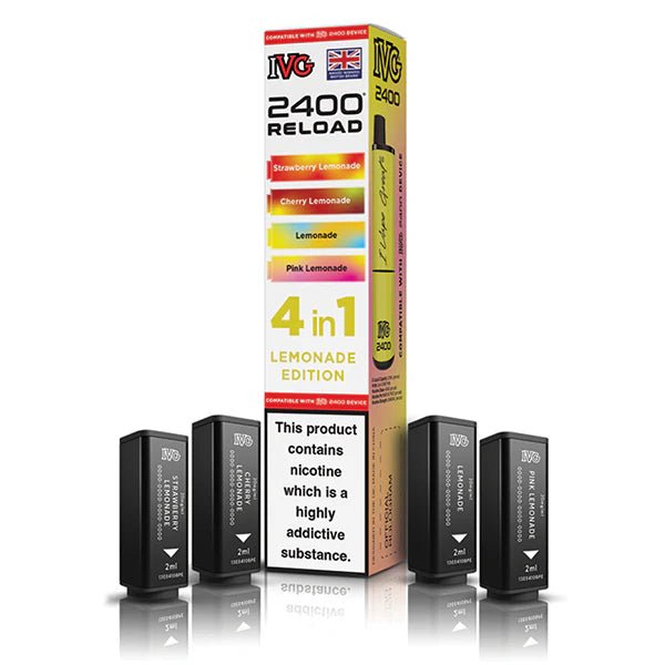 IVG 2400 4-in-1 Reload Pods lemonade edition with packaging on a white background - uk vape sales
