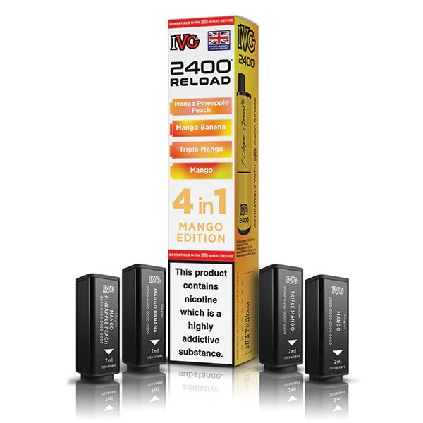 IVG 2400 4-in-1 Reload Pods mango edition with packaging on a white background - uk vape sales