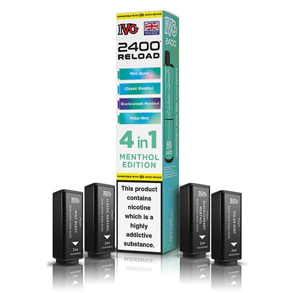 IVG 2400 4-in-1 Reload Pods menthol edition with packaging on a white background - uk vape sales