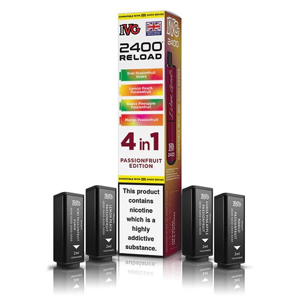IVG 2400 4-in-1 Reload Pods passionfruit edition with packaging on a white background - uk vape sales