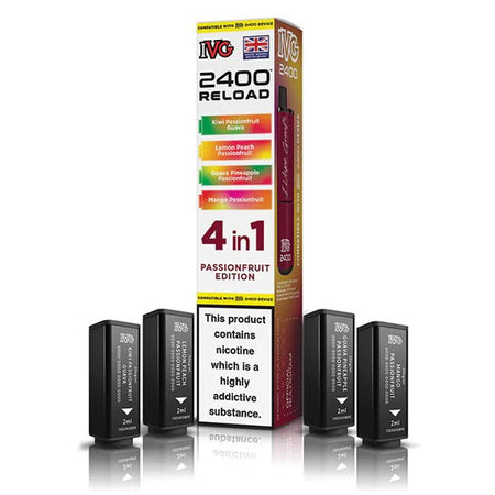 IVG 2400 4-in-1 Reload Pods passionfruit edition with packaging on a white background - uk vape sales