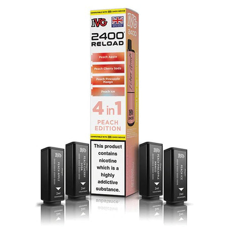IVG 2400 4-in-1 Reload Pods peach edition with packaging on a white background - uk vape sales