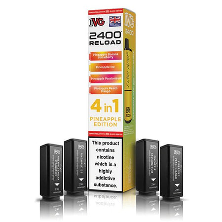 IVG 2400 4-in-1 Reload Pods pineapple edition with packaging on a white background - uk vape sales