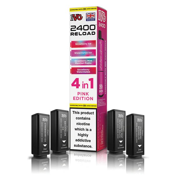 IVG 2400 4-in-1 Reload Pods pink edition with packaging on a white background - uk vape sales