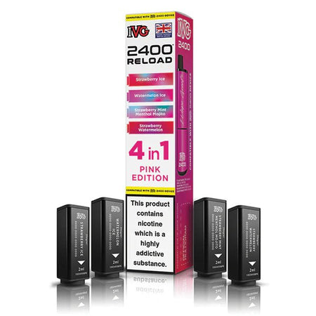 IVG 2400 4-in-1 Reload Pods pink edition with packaging on a white background - uk vape sales