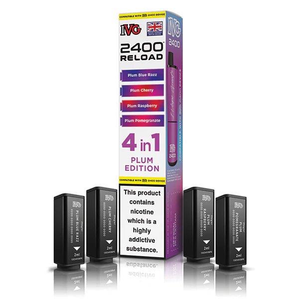 IVG 2400 4-in-1 Reload Pods plum edition with packaging on a white background - uk vape sales