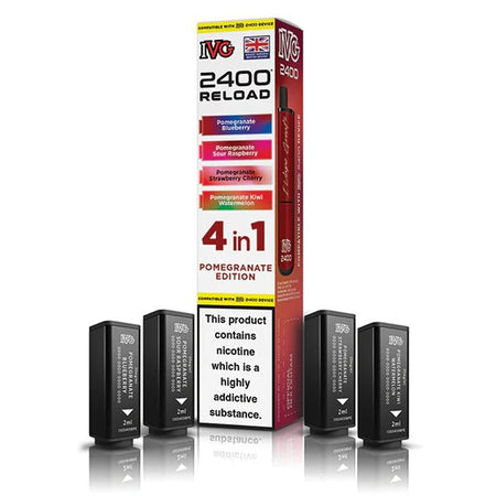 IVG 2400 4-in-1 Reload Pods pomegranate edition with packaging on a white background - uk vape sales