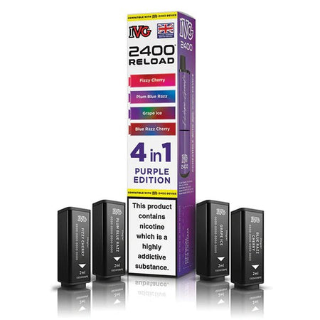 IVG 2400 4-in-1 Reload Pods purple edition with packaging on a white background - uk vape sales