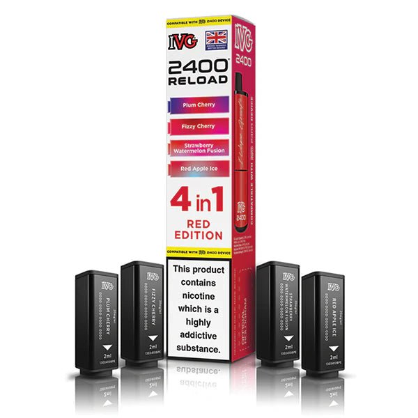 IVG 2400 4-in-1 Reload Pods red edition with packaging on a white background - uk vape sales