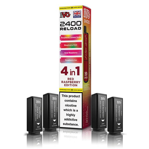 IVG 2400 4-in-1 Reload Pods red raspberry edition with packaging on a white background - uk vape sales