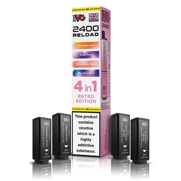 IVG 2400 4-in-1 Reload Pods retro  edition with packaging on a white background - uk vape sales