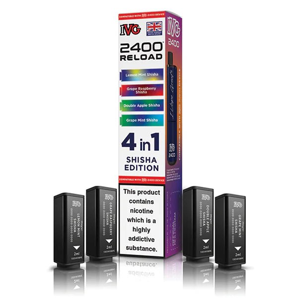 IVG 2400 4-in-1 Reload Pods shisha edition with packaging on a white background - uk vape sales