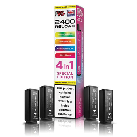 IVG 2400 4-in-1 Reload Pods special edition with packaging on a white background - uk vape sales