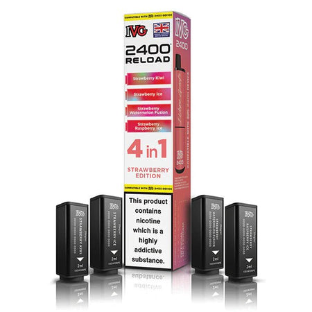 IVG 2400 4-in-1 Reload Pods strawberry edition with packaging on a white background - uk vape sales