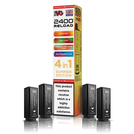 IVG 2400 4-in-1 Reload Pods summer edition with packaging on a white background - uk vape sales