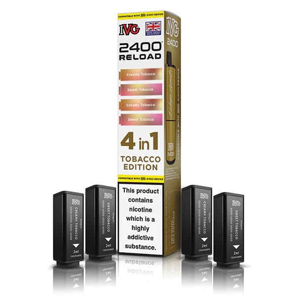 IVG 2400 4-in-1 Reload Pods tobacco edition with packaging on a white background - uk vape sales