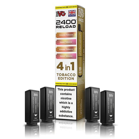 IVG 2400 4-in-1 Reload Pods tobacco edition with packaging on a white background - uk vape sales