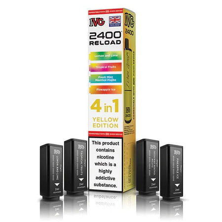 IVG 2400 4-in-1 Reload Pods yellow edition with packaging on a white background - uk vape sales