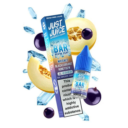 Just Juice Bar Below Zero Nic Salts - 10ml bottle with packaging on a white background with fruit and ice - UK Vape Sales