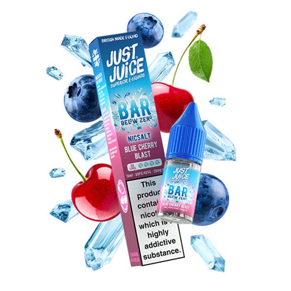 Just Juice Bar below zero nic salts blue cherry blast 10ml bottle with packaging on a white background - UK Vape Sales