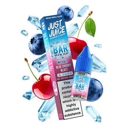 Just Juice Bar below zero nic salts blue cherry blast 10ml bottle with packaging on a white background - UK Vape Sales