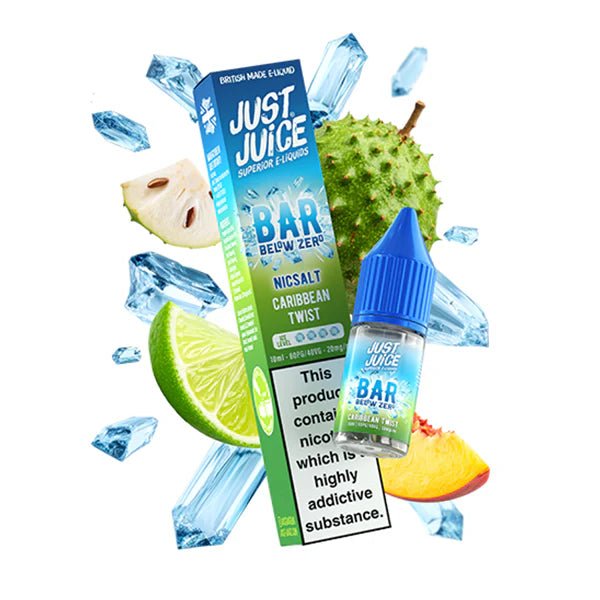 Just Juice Bar below zero nic salts Caribbean twist 10ml bottle with packaging on a white background - UK Vape Sales