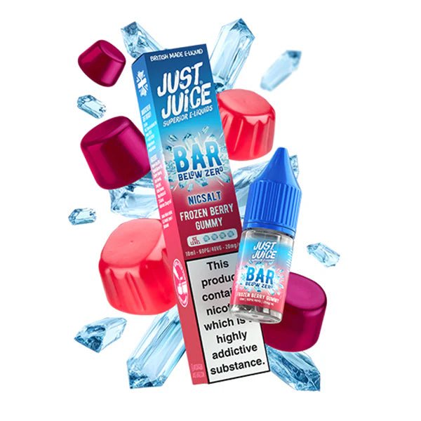 Just Juice Bar below zero nic salts frozen berry gummy 10ml bottle with packaging on a white background - UK Vape Sales