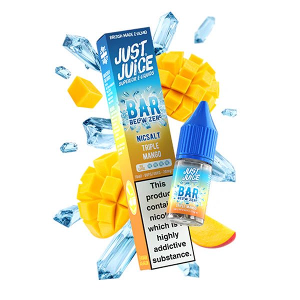Just Juice Bar below zero nic salts triple mango 10ml bottle with packaging on a white background - UK Vape Sales