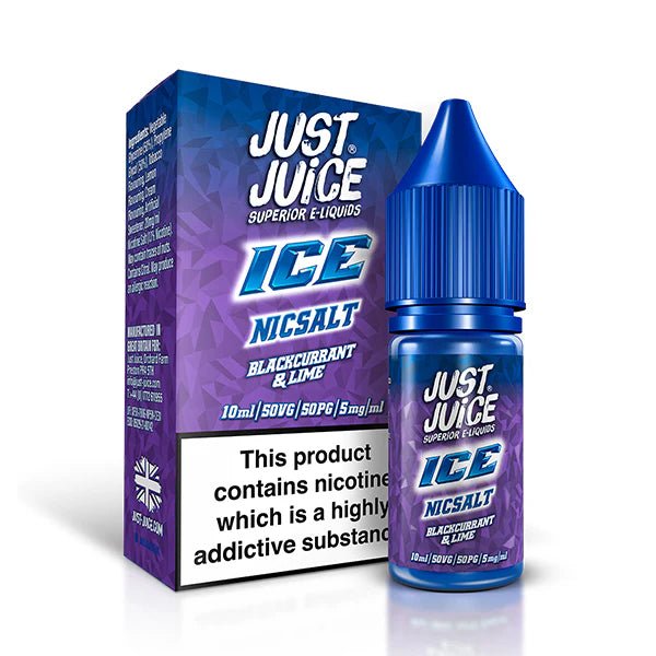 Just Juice Ice Nic Salts blackcurrant & lime 10ml nic salt bottle and packaging on white background - uk vape sales