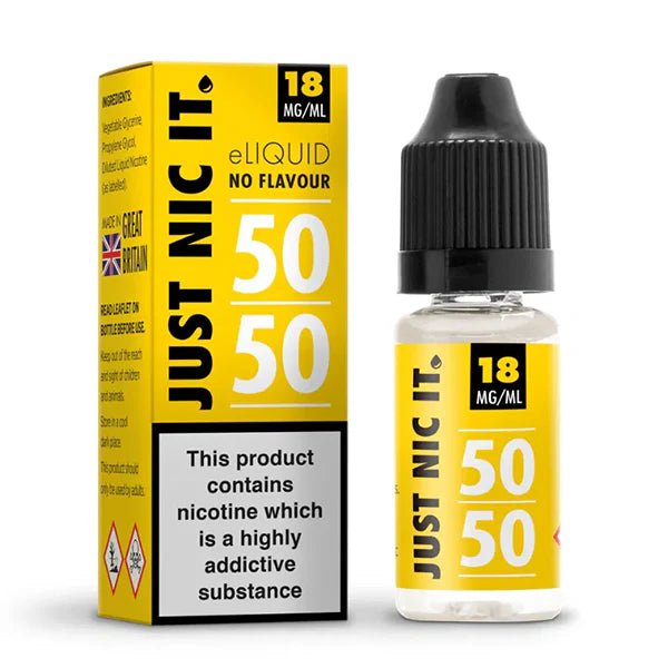 Just Nic It Nicotine Booster Shots 50/50 18mg nic shot 10ml Bottle With Packaging on White Background - UK Vape Sales