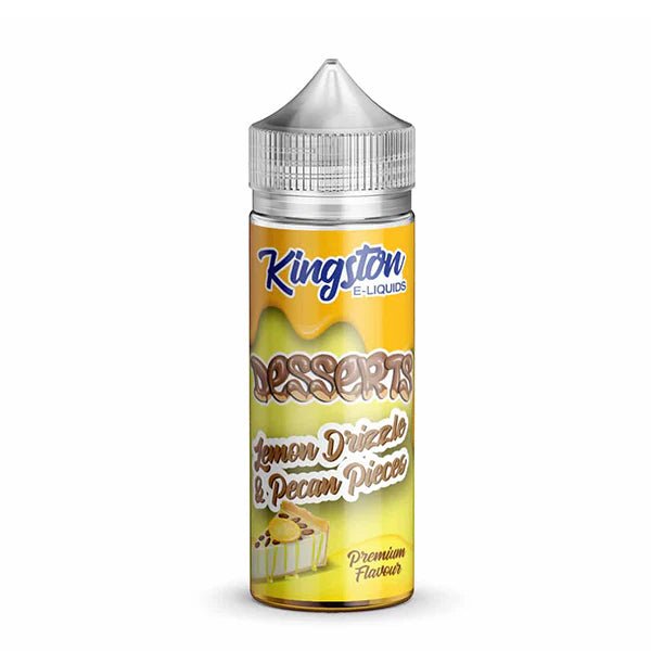 Kingston Desserts E-Liquid lemon drizzle & pecan pieces 100ml shortfill bottle on a white background - UK vape sales