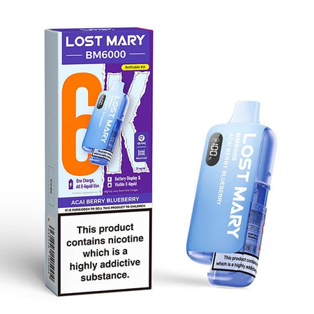 Lost Mary BM6000 vape kit acai berry blueberry device and packaging on a white background - uk vape sales