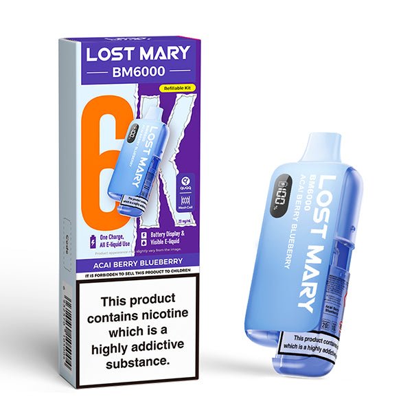 Lost Mary BM6000 vape kit acai berry blueberry device and packaging on a white background - uk vape sales