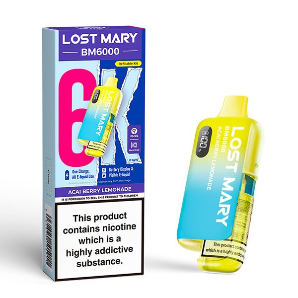 Lost Mary BM6000 vape kit acai berry lemonade device and packaging on a white background - uk vape sales