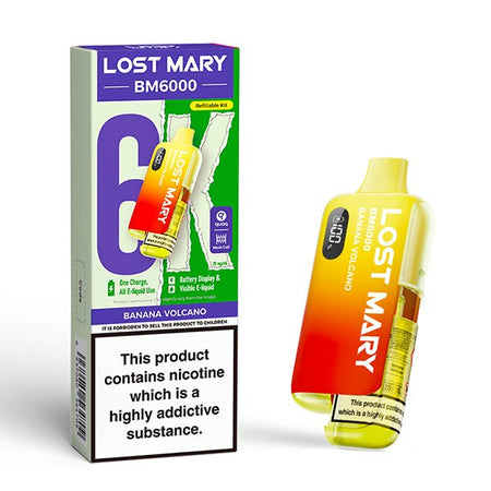 Lost Mary BM6000 vape kit banana volcano device and packaging on a white background - uk vape sales