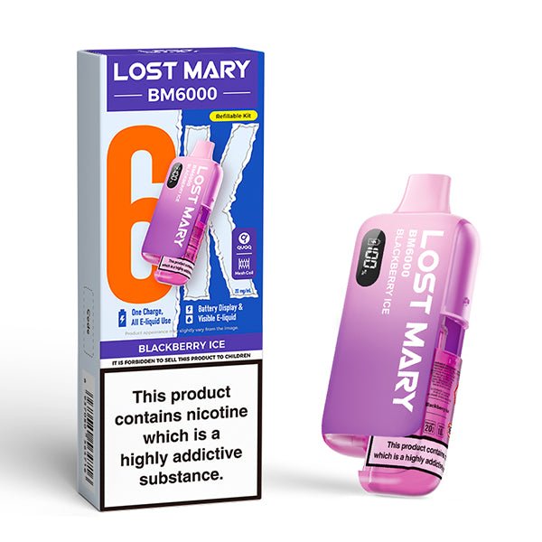 Lost Mary BM6000 vape kit blackberry ice device and packaging on a white background - uk vape sales