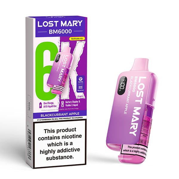 Lost Mary BM6000 vape kit blackcurrant apple device and packaging on a white background - uk vape sales