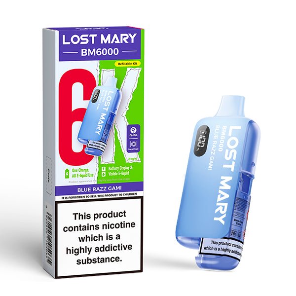 Lost Mary BM6000 vape kit blue razz gami device and packaging on a white background - uk vape sales