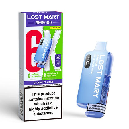 Lost Mary BM6000 vape kit blue razz gami device and packaging on a white background - uk vape sales