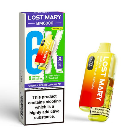 Lost Mary BM6000 vape kit cherry peach lemonade device and packaging on a white background - uk vape sales
