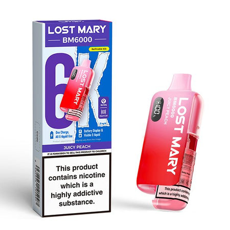 Lost Mary BM6000 vape kit juicy peach device and packaging on a white background - uk vape sales