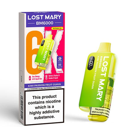 Lost Mary BM6000 vape kit kiwi passion fruit guava device and packaging on a white background - uk vape sales