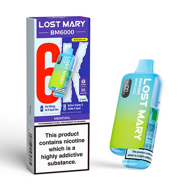 Lost Mary BM6000 vape kit menthol device and packaging on a white background - uk vape sales