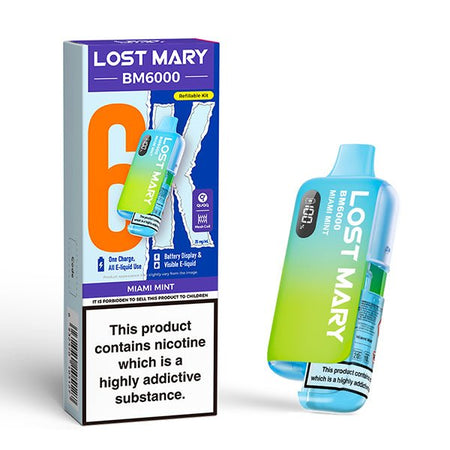 Lost Mary BM6000 vape kit miami mint device and packaging on a white background - uk vape sales