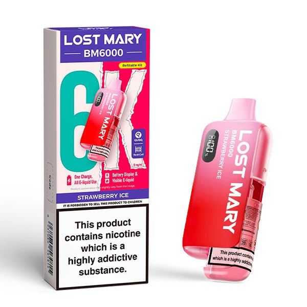 Lost Mary BM6000 vape kit strawberry ice device and packaging on a white background - uk vape sales