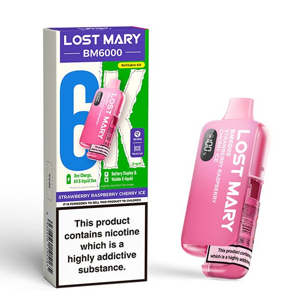 Lost Mary BM6000 vape kit strawberry raspberry cherry ice device and packaging on a white background - uk vape sales