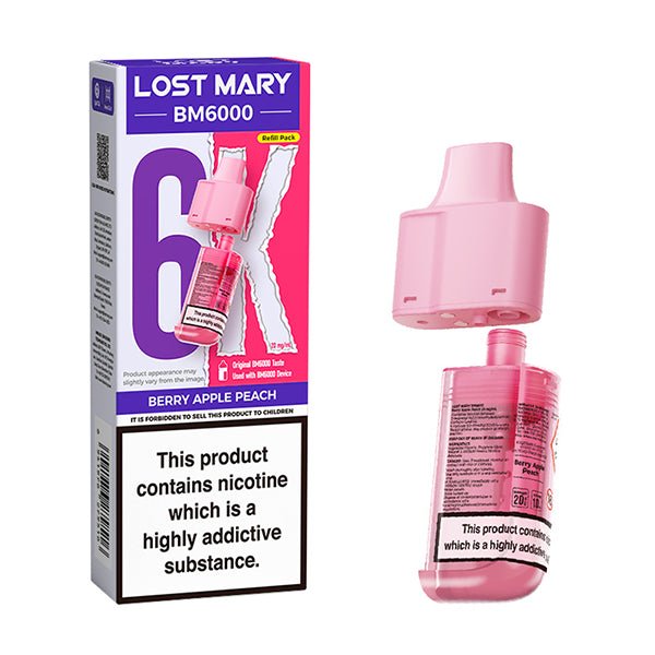 Lost Mary BM6000 Refill Pods berry apple peach with packaging on a white background - uk vape sales
