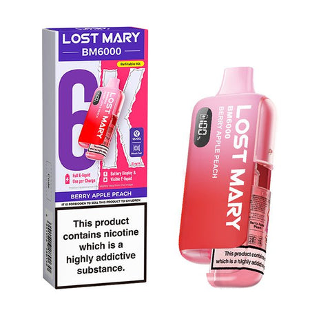 Lost Mary BM6000 vape kit berry apple peach device and packaging on a white background - uk vape sales
