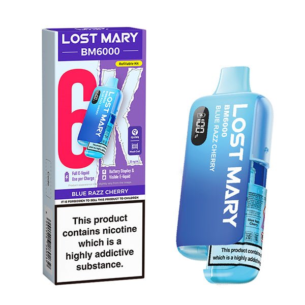 Lost Mary BM6000 vape kit blue razz cherry device and packaging on a white background - uk vape sales